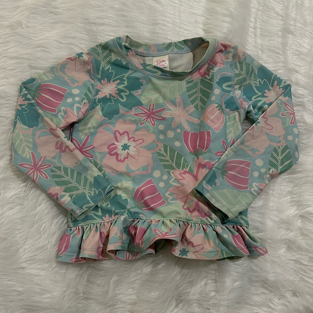 Ruffle butts blue pink floral long sleeve swim top size 3T